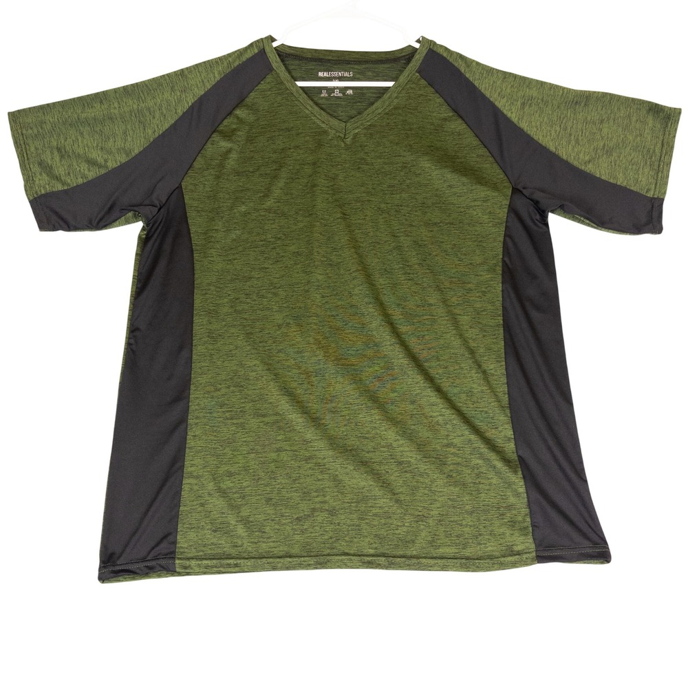 Real Essentials Mens 3XL V-Neck Active T-Shirt Heather Green Black Raglan Sleeve